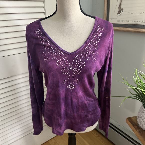 Fashion Bug Tops - Vintage FASHION BUG Top XL Purple Tie Dye Studded V-Neck Retro Y2K Grunge Goth